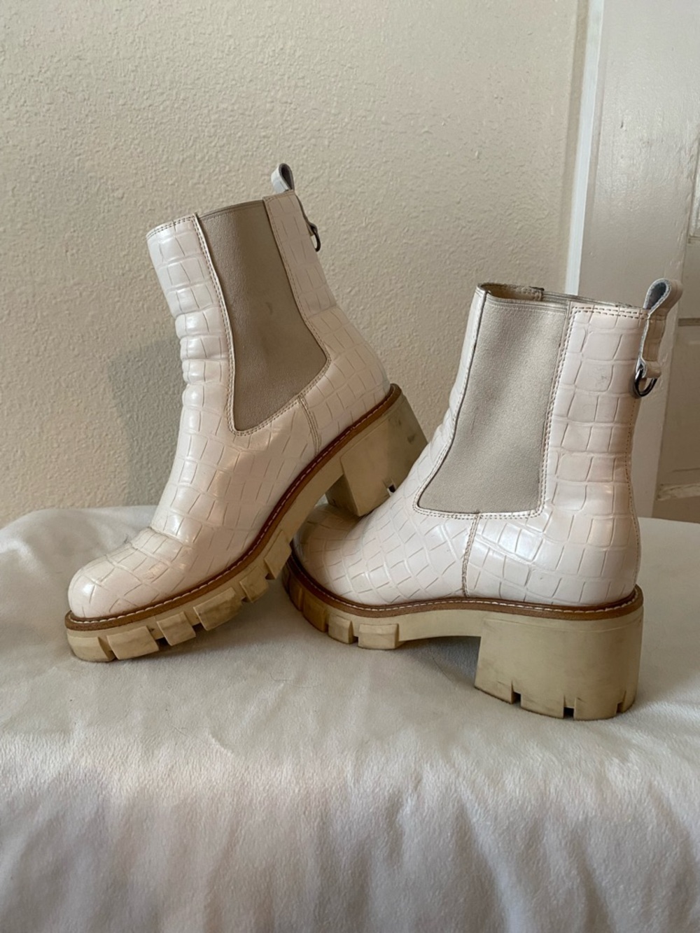 Chunky Croc-Embossed Chelsea Boots in Cream